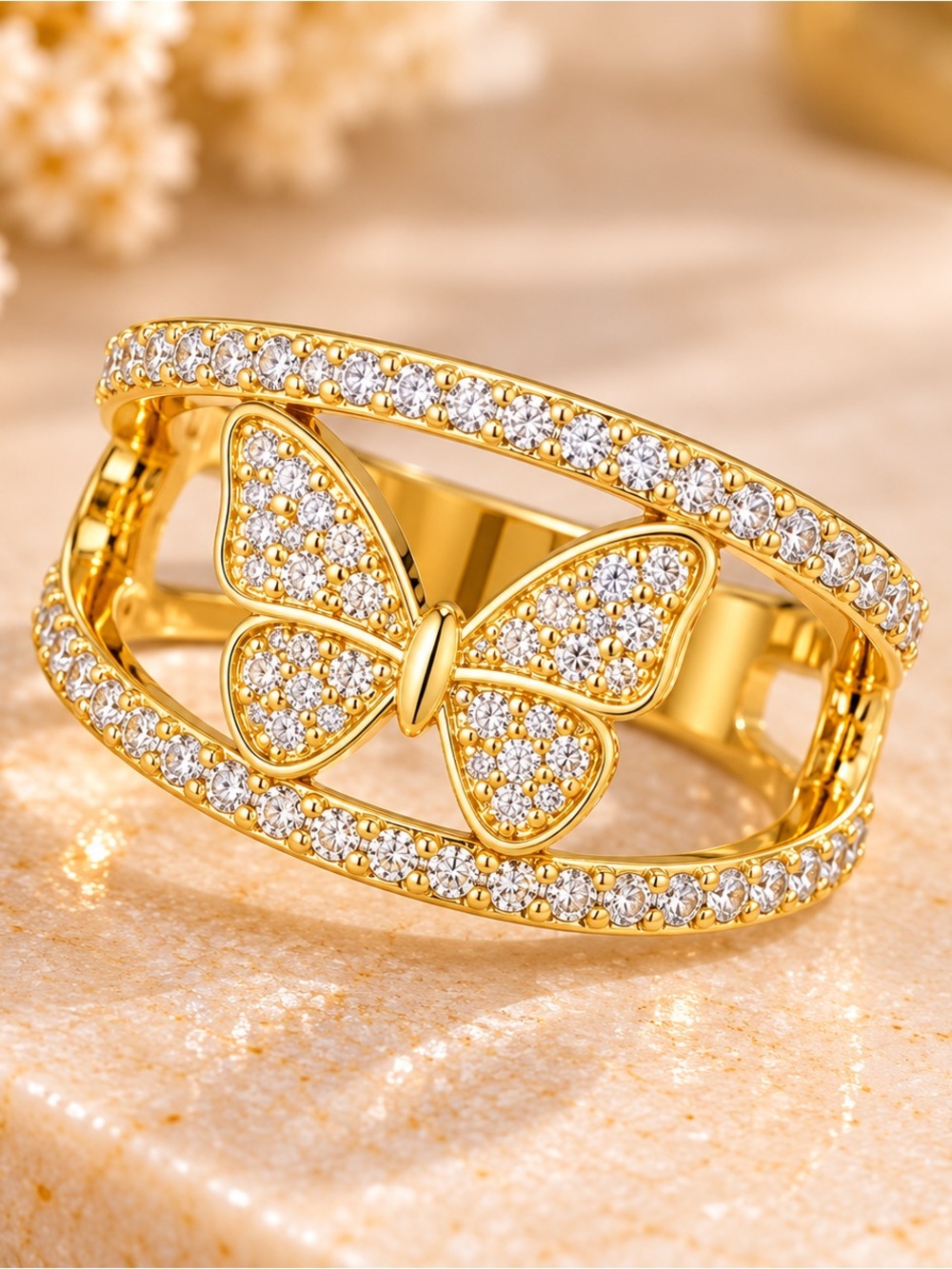 18K Gold Filled Butterfly CZ Wide Band Ring Women Size 7 Statement Jewelry Gift